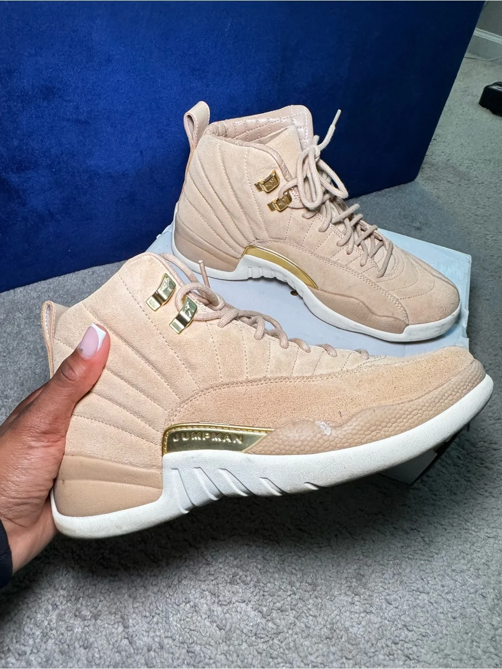 Women's Air Jordan Retro 12 Sneakers in Beige with Gold Trim